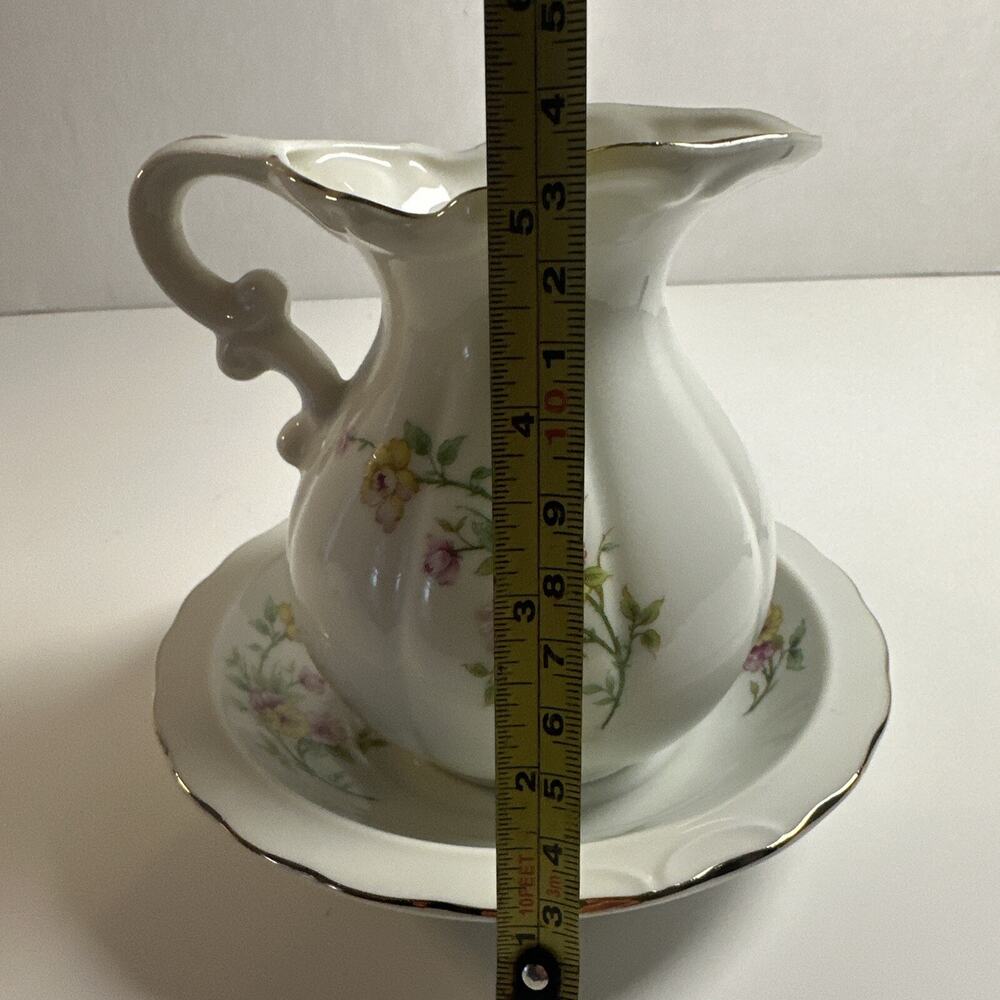 Vintage Lefton Bone China Hand Painted Flower Water/Creamer Pitcher & Bowl-Japan - Picture 9 of 9